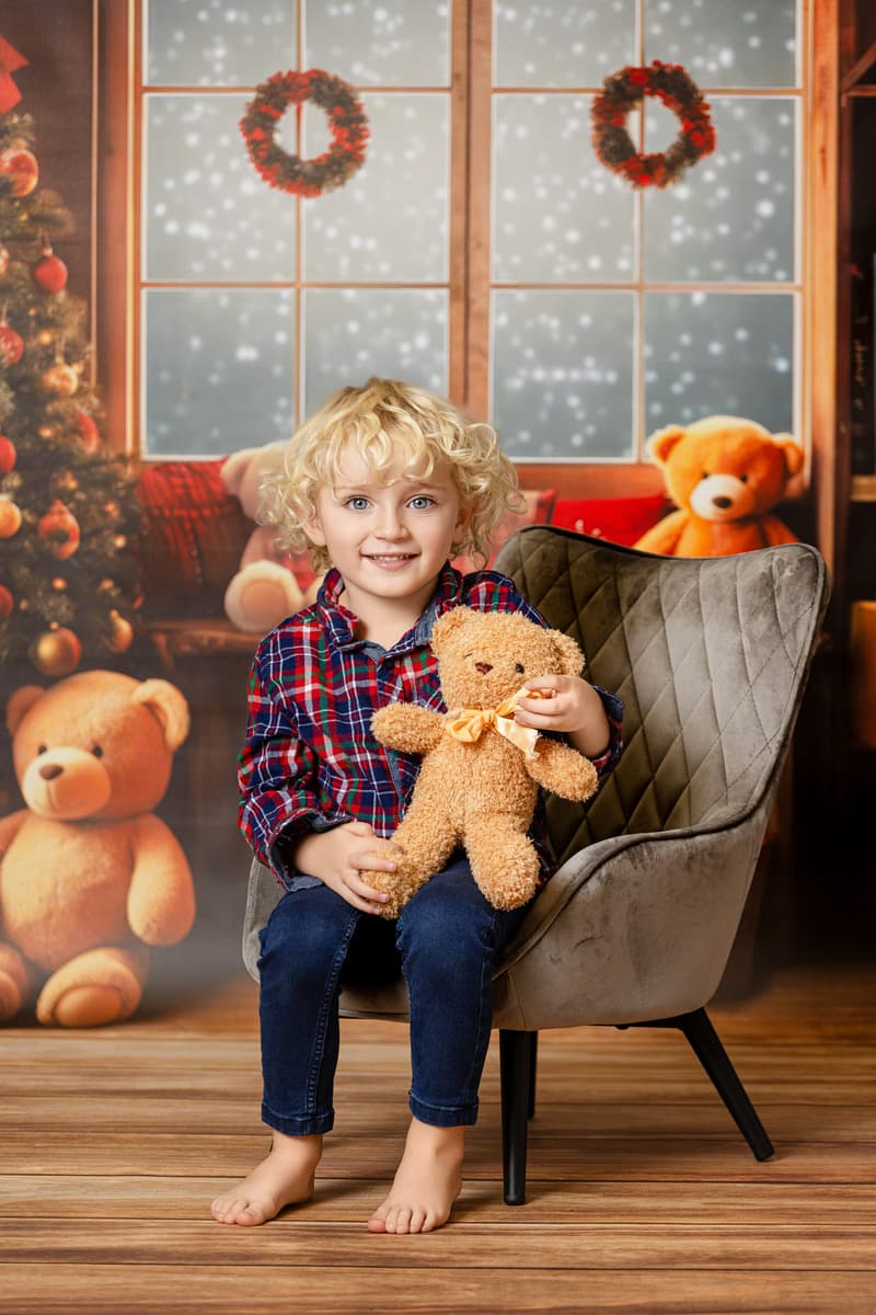 Kudrnatý chlapec v kostkované košili sedí v sametovém křesle a objímá medvídka – pozadí Chaloupka s medvídky