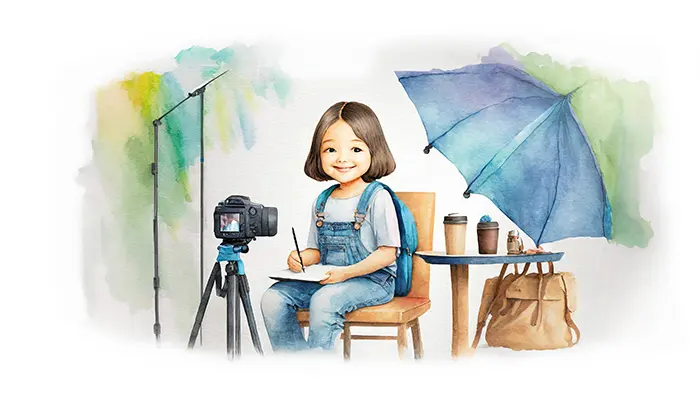 Akvarelová ilustrace usměvavé holčičky ve fotoateliéru vedle fotoaparátu na stativu a studiového deštníku